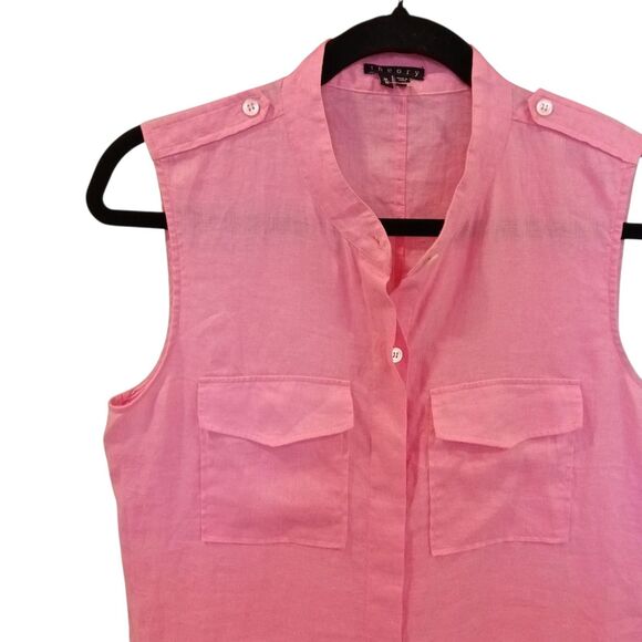 Theory Womens Linen Top Tank Medium Bright Pink Pockets Button Up Hidden Placket - Picture 2 of 12